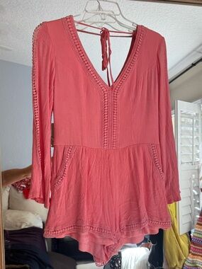 Tea n Cup Coral V-Neck Long Sleeve Tunic Romper